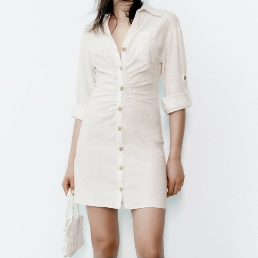Linen blend shirt dress with rouching